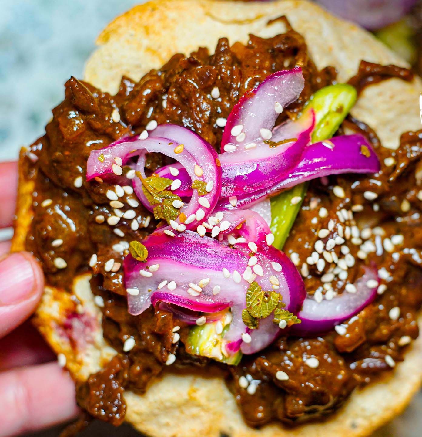 Tostadas de Mole con Lomo y Cebolla Desflemada